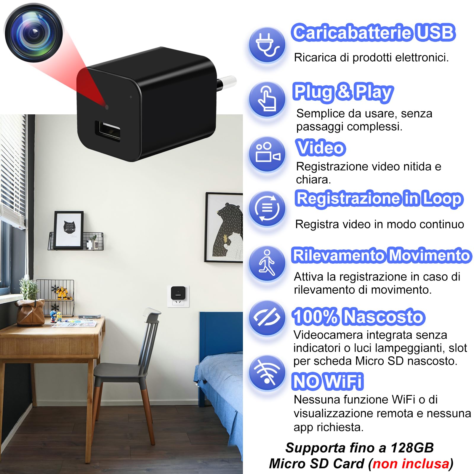 TANGMI Telecamera Spia, Caricatore/Adattatore USB Mini Telecamera Spia Nascosta, Registrazione Video HD 1080P Micro Telecamera Spia con Rilevamento del Movimento e Registrazione in Loop