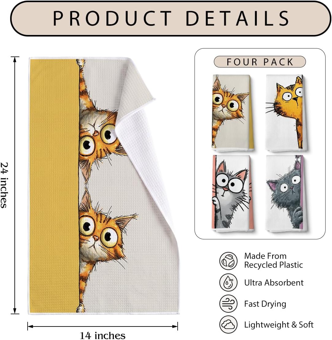 4 Pcs Funny Cat Kitchen Towels, Waffle Weave Tea Dish Towel 14 x 24 Inch