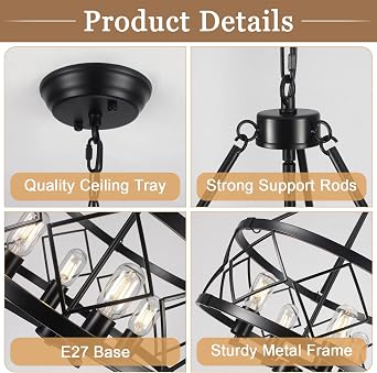 Black Chandelier 4-Light, Farmhouse Chandeliers Ceiling Lights Living Room, Rustic Drum Chandelier Farmhouse Hanging Lighting Pendant for Dining Room Hallway Foyer Bedroom