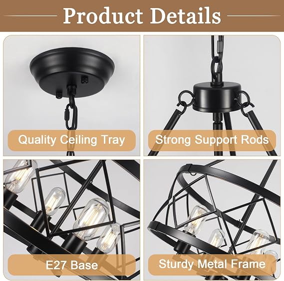 Black Chandelier 4-Light, Farmhouse Chandeliers Ceiling Lights Living Room, Rustic Drum Chandelier Farmhouse Hanging Lighting Pendant for Dining Room Hallway Foyer Bedroom
