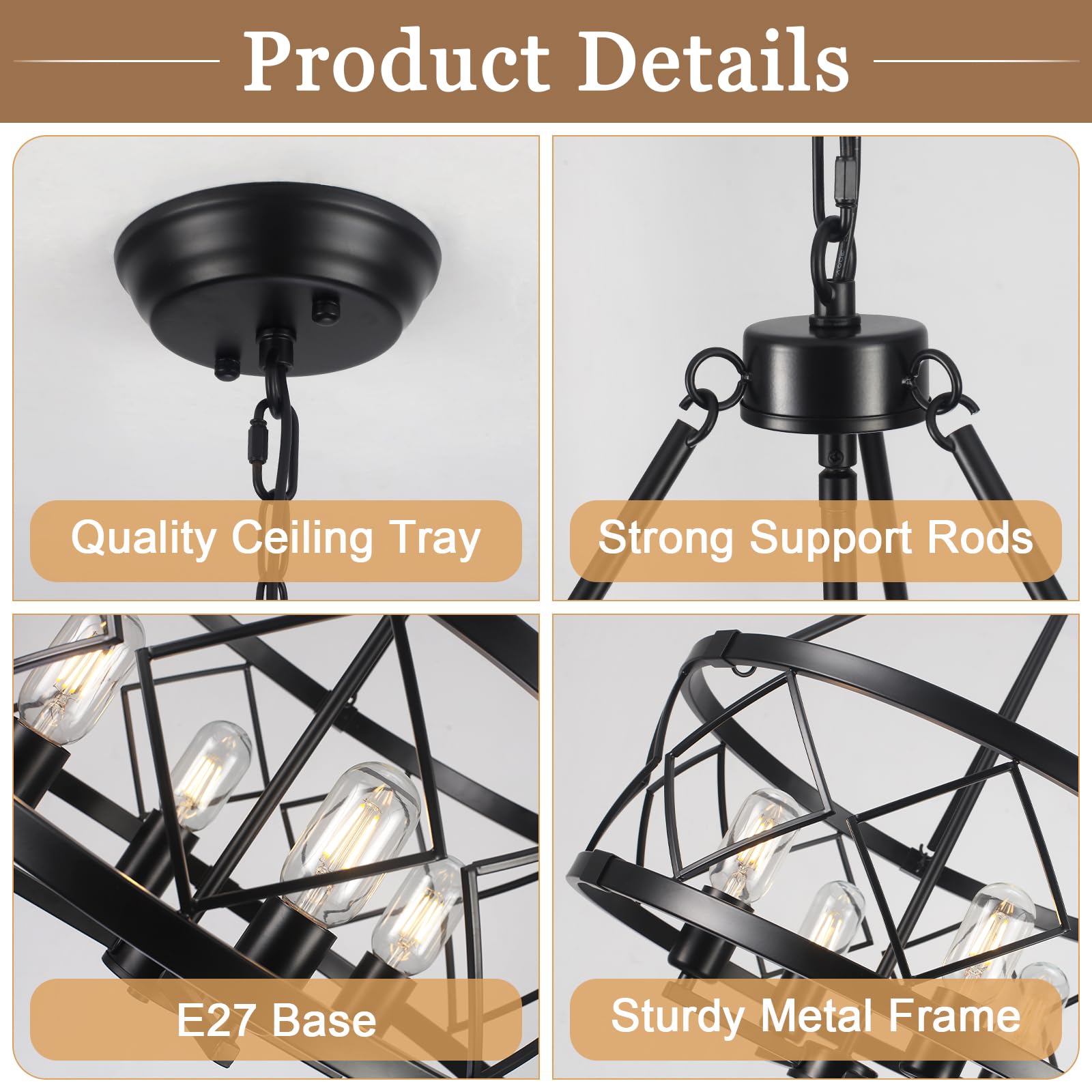 Lampadario Nero a 4 Luci, Lampadari in Stile Rustico Lampade da Soffitto per Soggiorno Lampadario Tamburo Lampada Sospensione per Sala da Pranzo, Corridoio, Ingresso, Camera da Letto