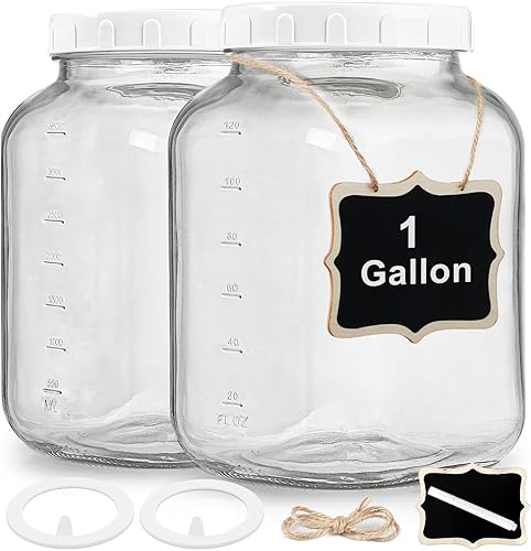 Paquete de 2 tarros de vidrio transparente de boca ancha de 1 galón con tapa, tapa de rosca hermética resistente con junta de silicona - tarro Mason