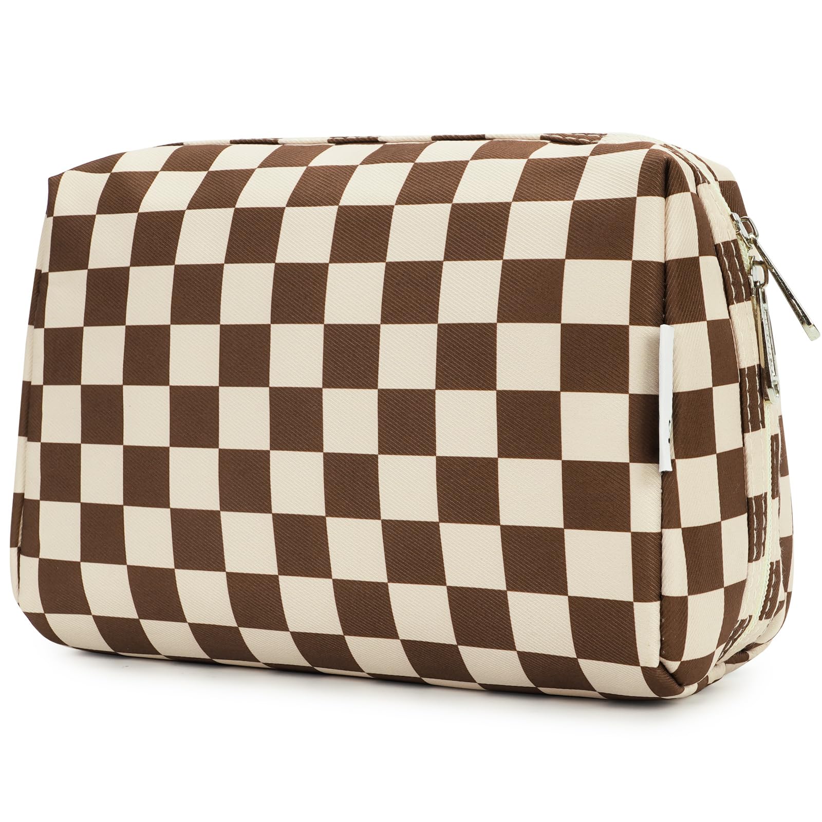 NarweyLarge Makeup Bag Zipper Pouch Travel Cosmetic Organizer for Women (Dark Brown Checkerboard, Large)