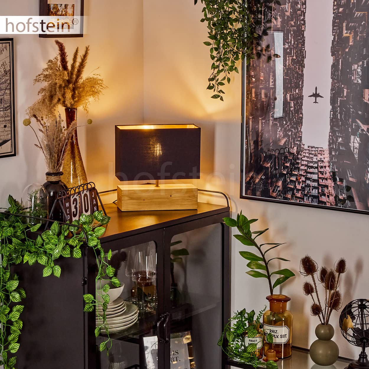 Tischleuchte Geneva, Nachttischlampe aus Holz/Stoff in Natur/Schwarz/Goldfarben, Tischlampe 1-flammig im skandinavischen Design, E27, Länge 30 cm, Leucht m. An-/Ausschalter am Kabel, ohne Leuchtmittel