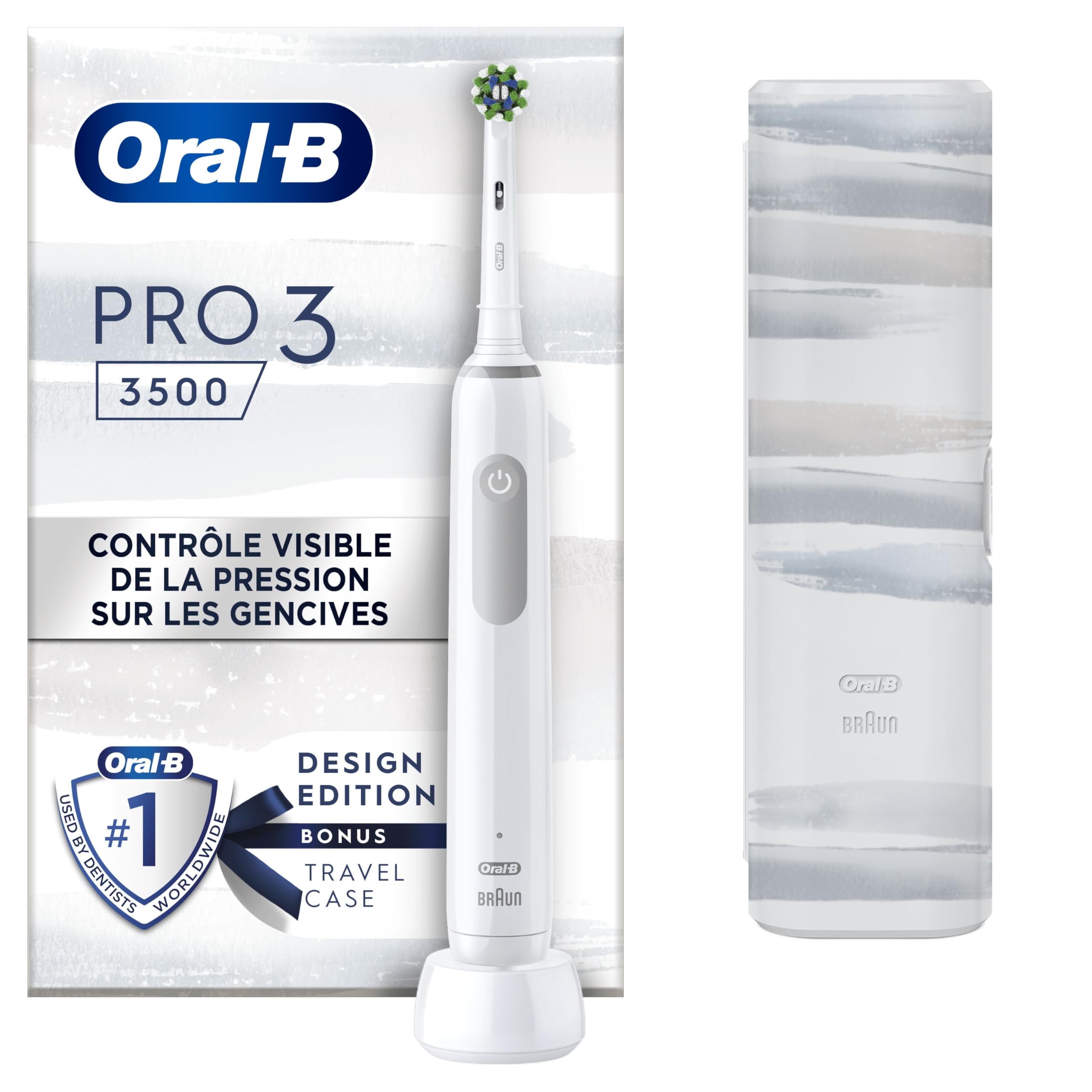 Oral-B Pro 3500 Brosse À Dents Électrique Blanche, Un Capteur De Pression Pour Protéger Les Gencives Sensibles, Des Accessoires, 1 Brossette Ronde, 1 Étui De Voyage, Conçue par Braun