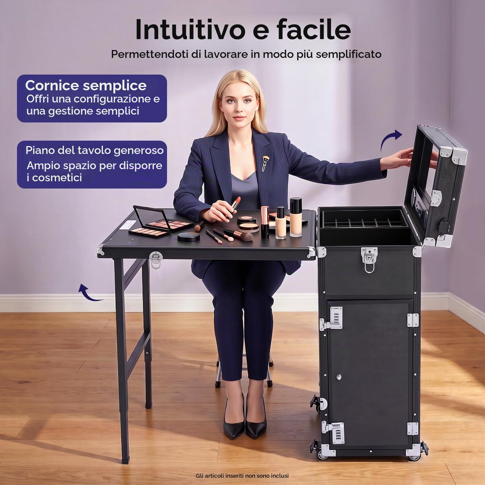 Valigetta per trucco professionale con ruote con tavolo pieghevole e 5 cassetti, custodia per trucco con specchi e altoparlanti Bluetooth, grande custodia per parrucchiere, tavolo per manicure, Nero