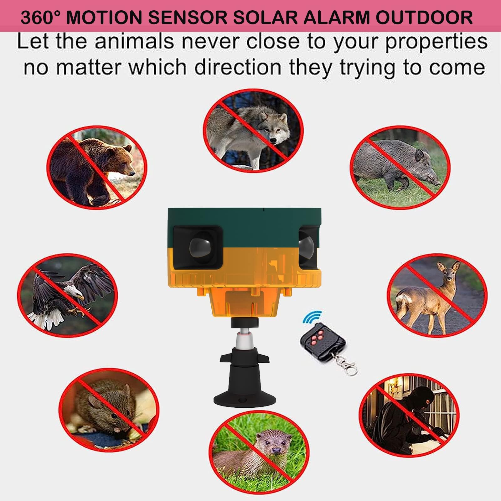 Dissuasore solare per predatori – Rilevatore di movimento a 360° con luce stroboscopica a LED, 13 suoni integrati, sirena potente da 129 dB per casa, fattoria (1)