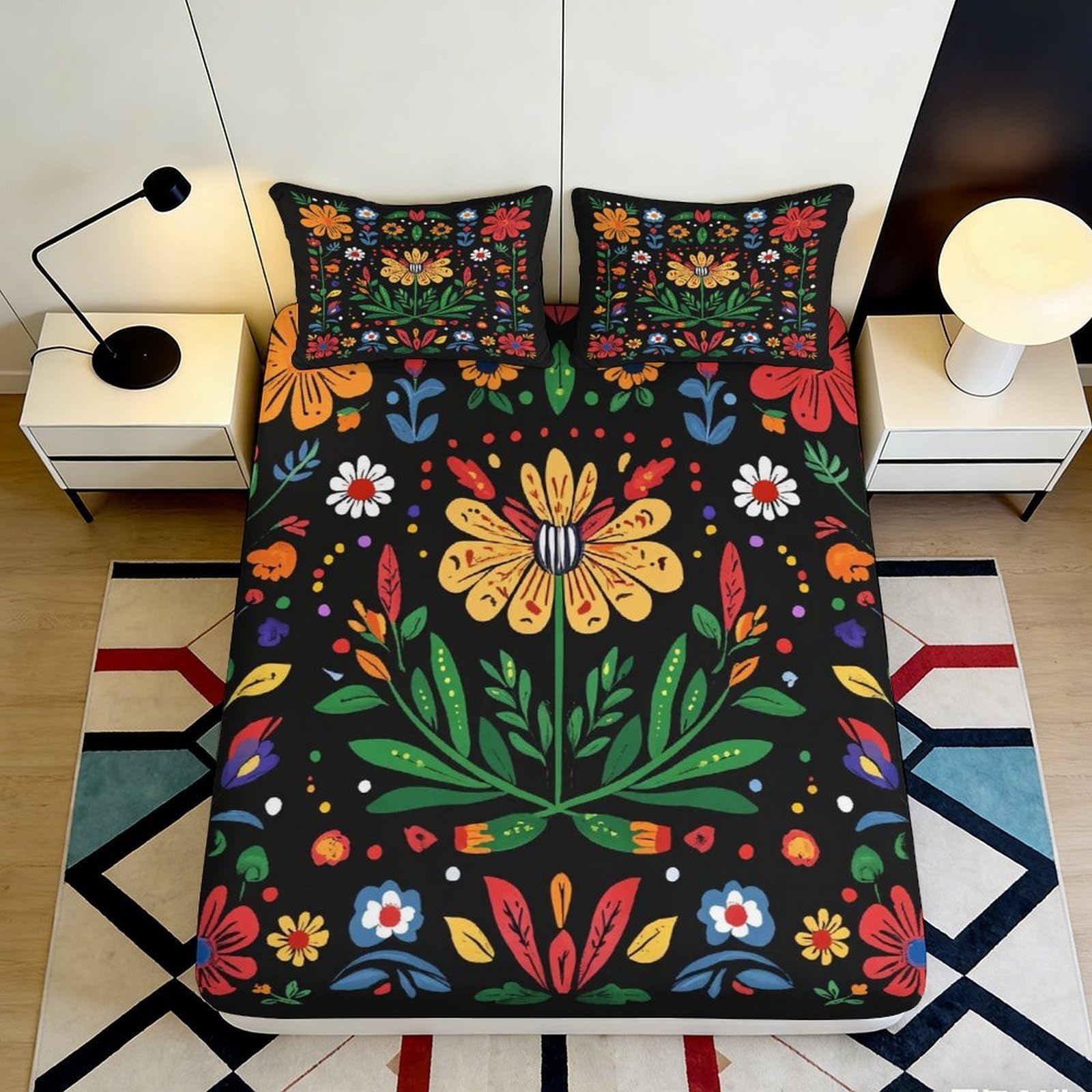 3D Printed Folk Floral Fitted Sheet Microfiber Anti-Slip Boho Flower Bed Cover for Bedroom Dorm Decor 118 chars 90x200x25cm