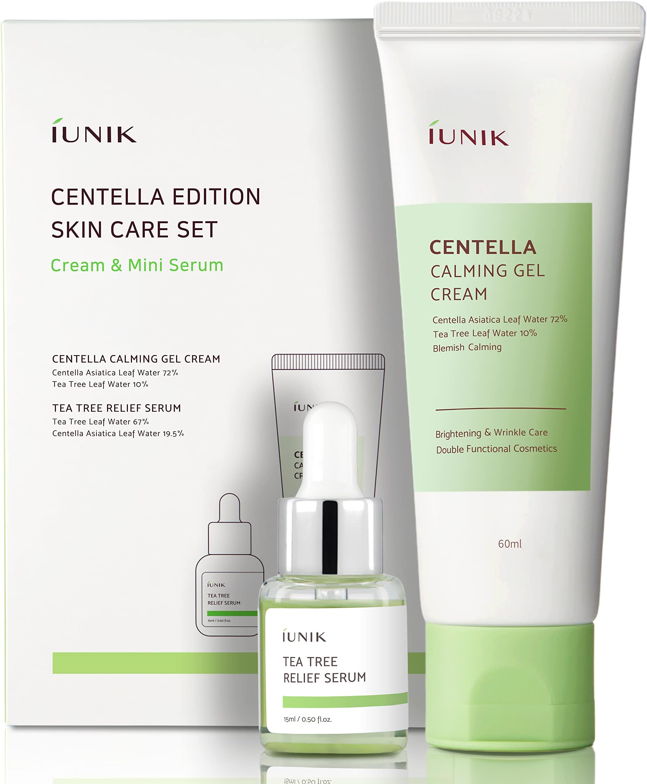 iUNIK Centella Edition Skincare Set (Cream 2.02 fl.oz. & Mini Serum 0.51 fl.oz.) - Centella Asiatica and Tea Tree Leaf Waters to Soothe, Calm, Moisturize, and Protect the Skin