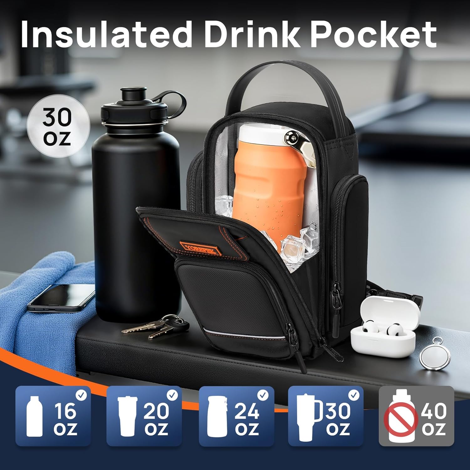 YOREPEK Insulated Magnetic Gym Bag, Small Gym Bag with Phone & Pouch for Air Tag, Crossbody Water-Resistant Bottle Carrier with Adjustable Strap for Work, Gym, Sports - Image 3