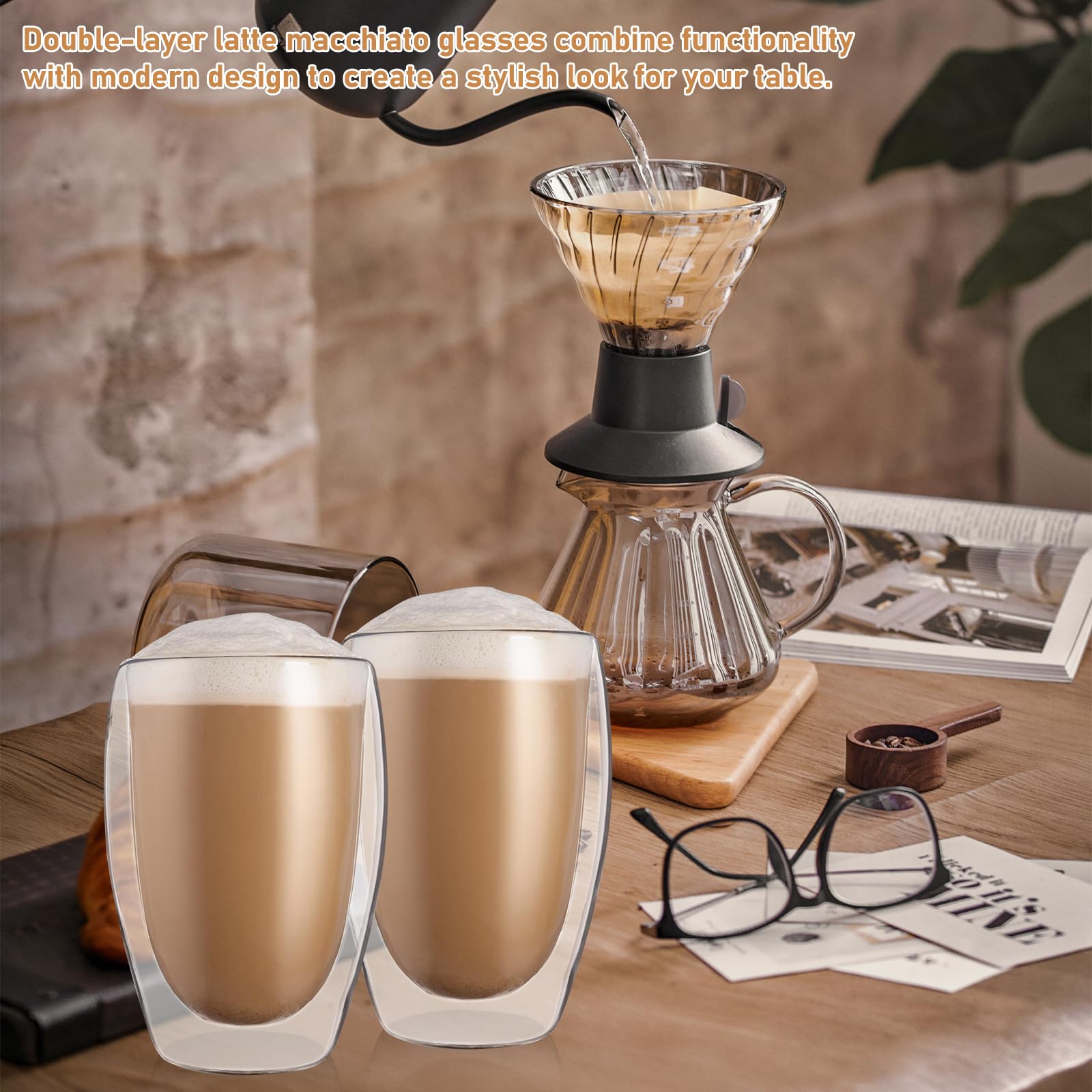 GOEDCH Lot De 2 Tasses Double Paroi 450 Ml En Verre Borosilicaté – Idéales Pour Cappuccino, Latte, Thé – Isolation Thermique Parfaite, Élégantes Et Résistantes