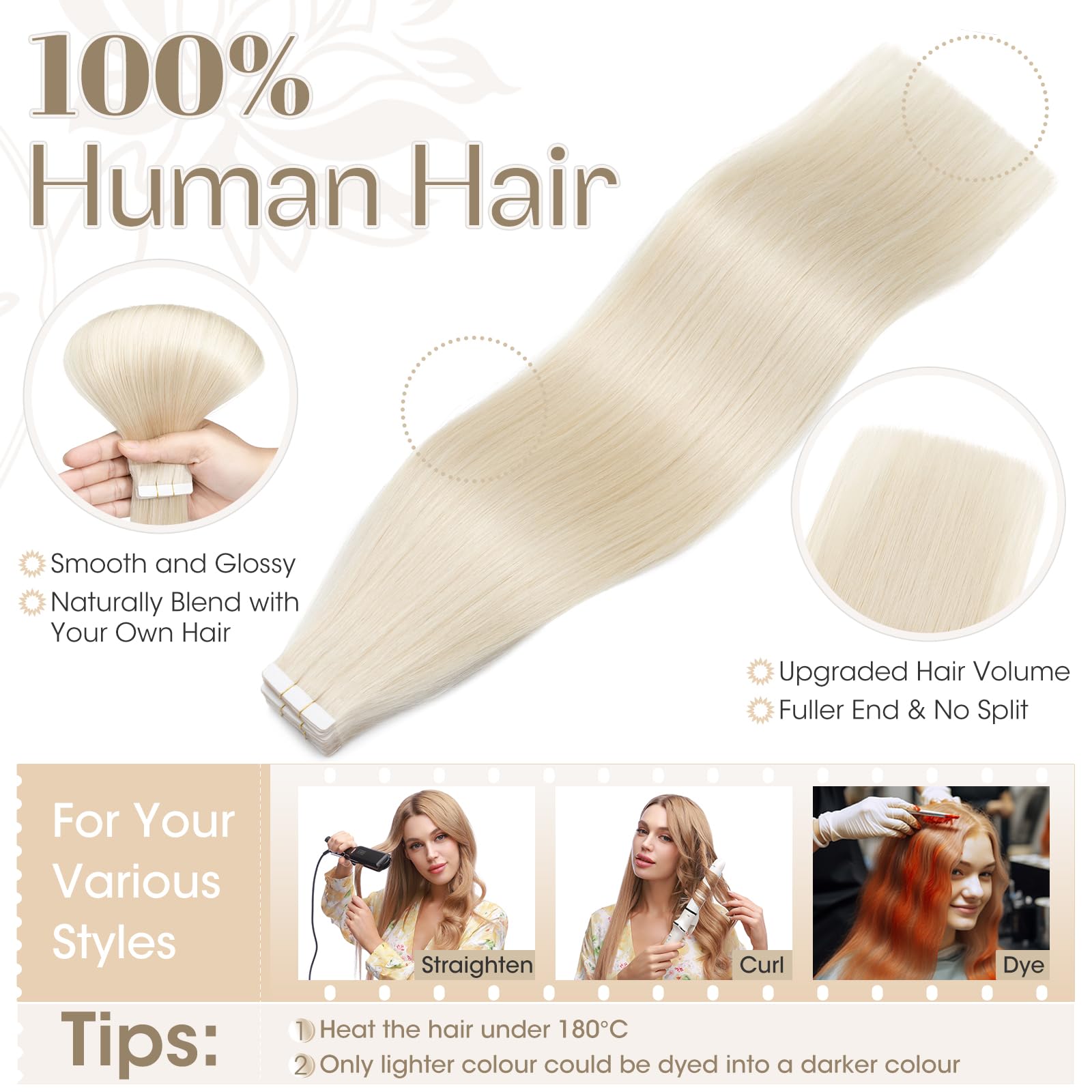 Elailite Tape in Hair Extensions Human Hair 20 Pcs Blonde - Image 3