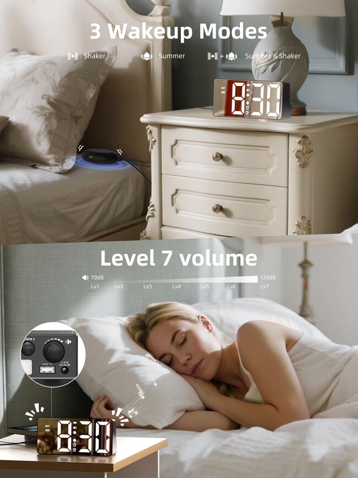 MINORZ Głośny budzik do głębokiego snu, budzik wibracyjny i lampka nocna, 3 tryby wibracji, podwójny alarm, drzemka, port ładowania USB, 12/24H i DST, idealny dla osób starszych niesłyszących