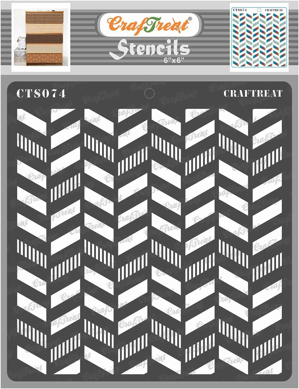 CrafTreat Geometric Stencils for Painting on Wood, Wall, Tile, Canvas, Paper, Fabric and Floor - Striped Herringbone Stencil - 6x6 Inches - Reusable DIY Art and Craft Stencils
