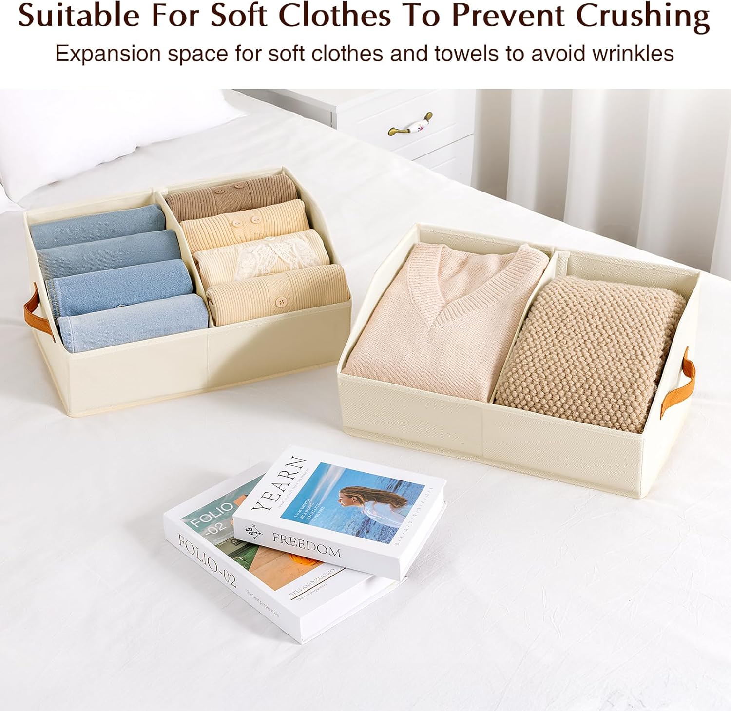 Closet Organizers and Storage Bins - 8 Pack Collapsible Divided Trapezoidal Cube Storage Bins Baskets with Orange Handle for Organizing Clothes Blankets, Toys, Books, Towels(Beige)