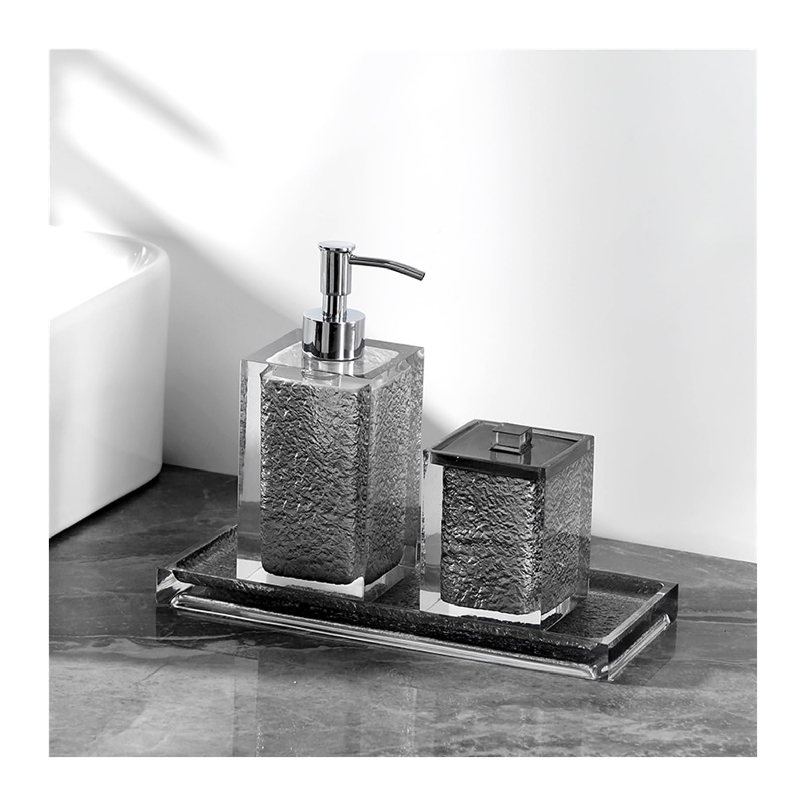 Preuve de Fuite Ensemble Distributeur de Savon en résine 3 pièces, Ensembles d'accessoires de Salle de Bain, Comprenant Un Distributeur de Savon, Un Organisateur de Cure-Dents et Un Plateau(Noir)