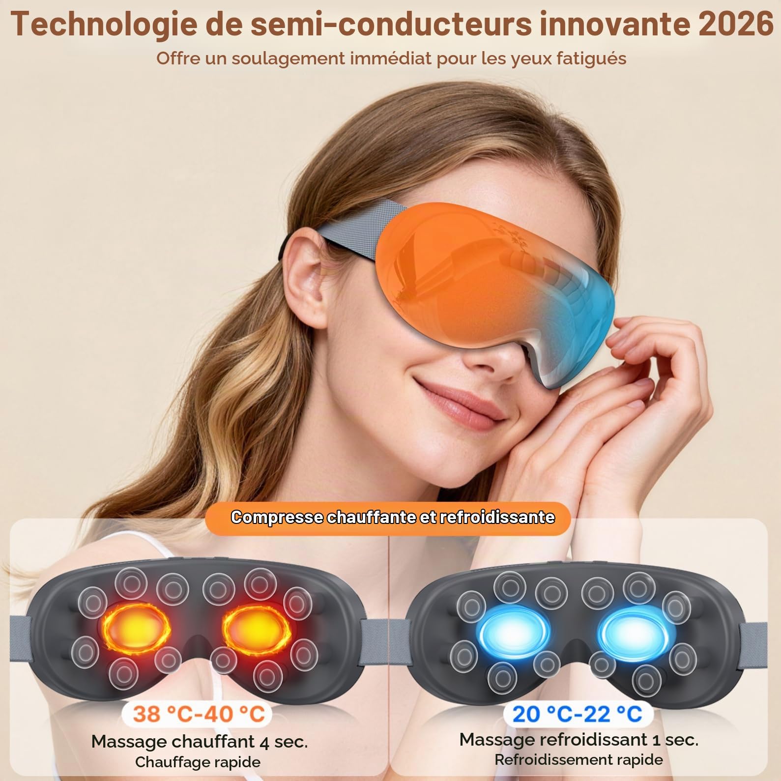 Appareil de Massage Oculaire avec Chaud/Froid, Massage par Compression et Musique Bluetooth, 3 Modes pour les Migraines et les Tensions, Améliore la Qualité du Sommeil et Soulage la Fatigue Oculaire