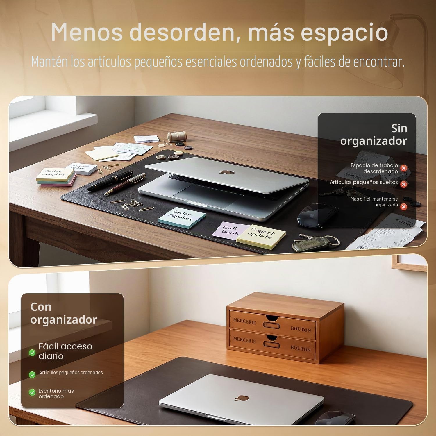 Flexzion Organizador de suministros de oficina de escritorio de madera con 2 cajones de almacenamiento, gabinete de mesa de madera de 2 niveles, caja de accesorios de escritorio para encimera, para el