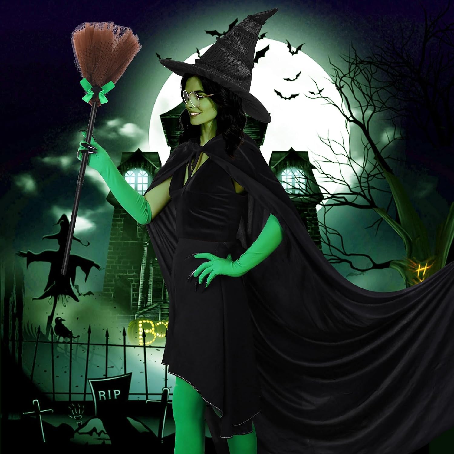 8 PCS Witch Costume Women Adult,Witch Hat Hooded Cape Green Accessories Set, Halloween Costume Accessories Women