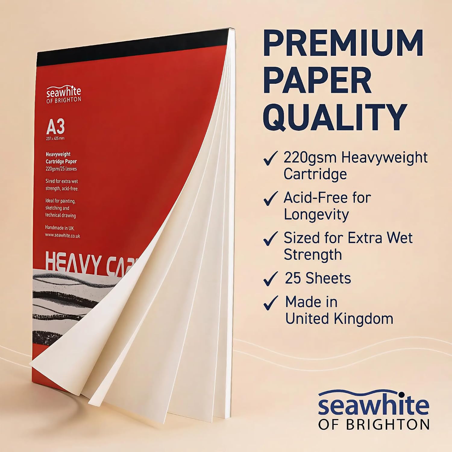 A3 Cartridge White Drawing Paper Pad - 25 Sheets - 220 GSM Heavy Weight - Ideal for Painting, Sketching and Technical Drawing. Made in UK