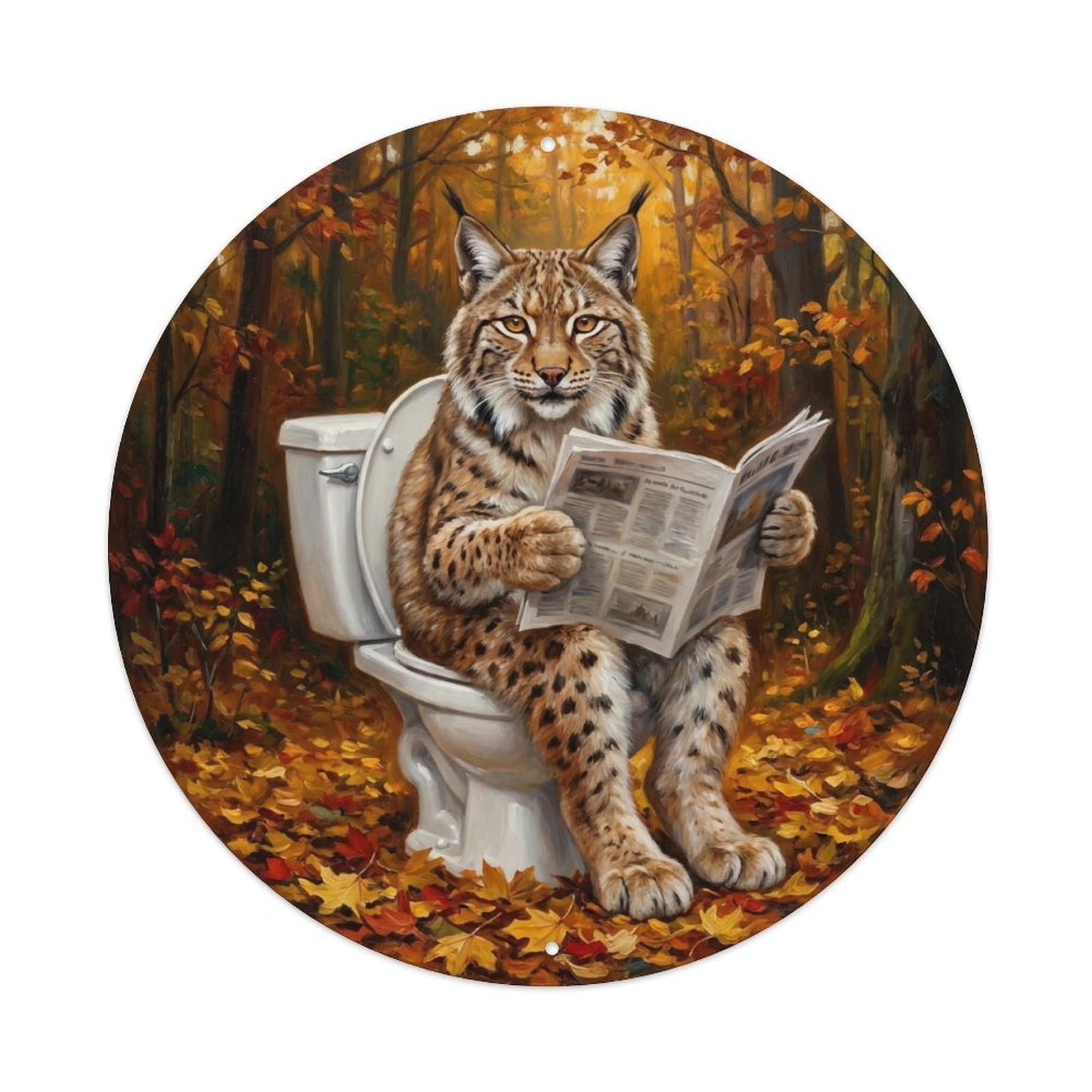 Lynx On Toilet Humorous Bathroom Autumn Forest Reads Metal Tin Sign