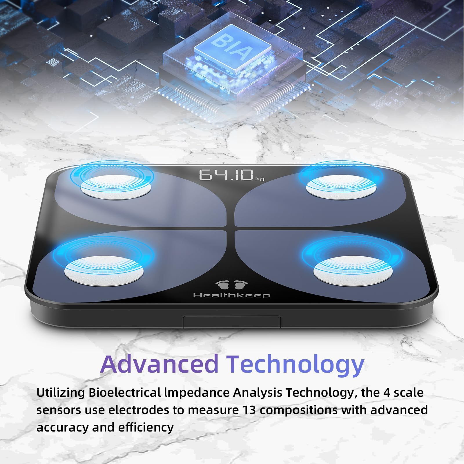 Báscula de grasa corporal, báscula digital con aplicación inteligente, báscula de análisis corporal con Bluetooth, para grasa corporal, IMC, masa muscular, proteínas, BMR, 26 cm x 26 cm
