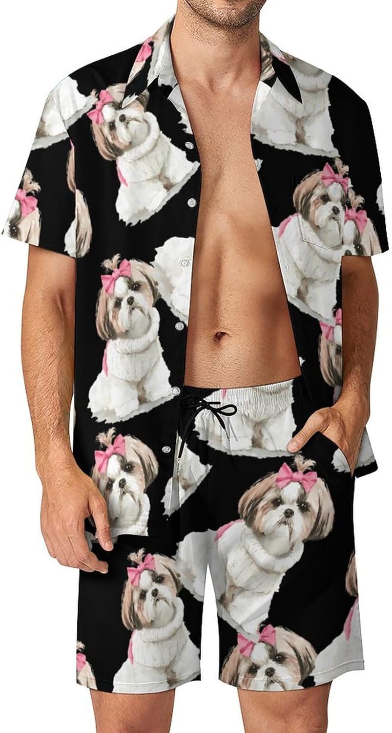 Cartoon Shih Tzu Dog Men's Summer Beach 2 Piece Outfits | hawaiian button down shirt and shorts,vacation cruise,mens bathing suit