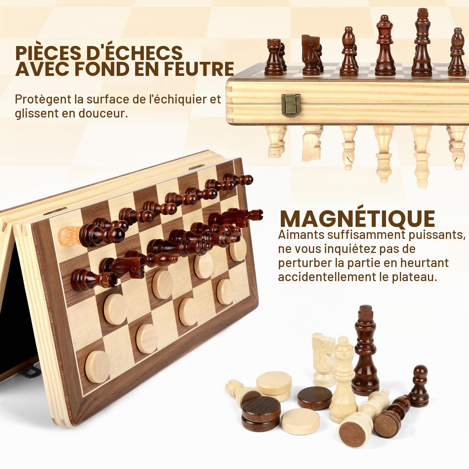 LEAP Jeu d'échecs magnétique en bois pliable de 39,4 cm, pièces d'échecs de 7,6 cm, fentes de rangement magnétiques supérieures pour débutants, adultes avec 2 grands grands lits supplémentaires