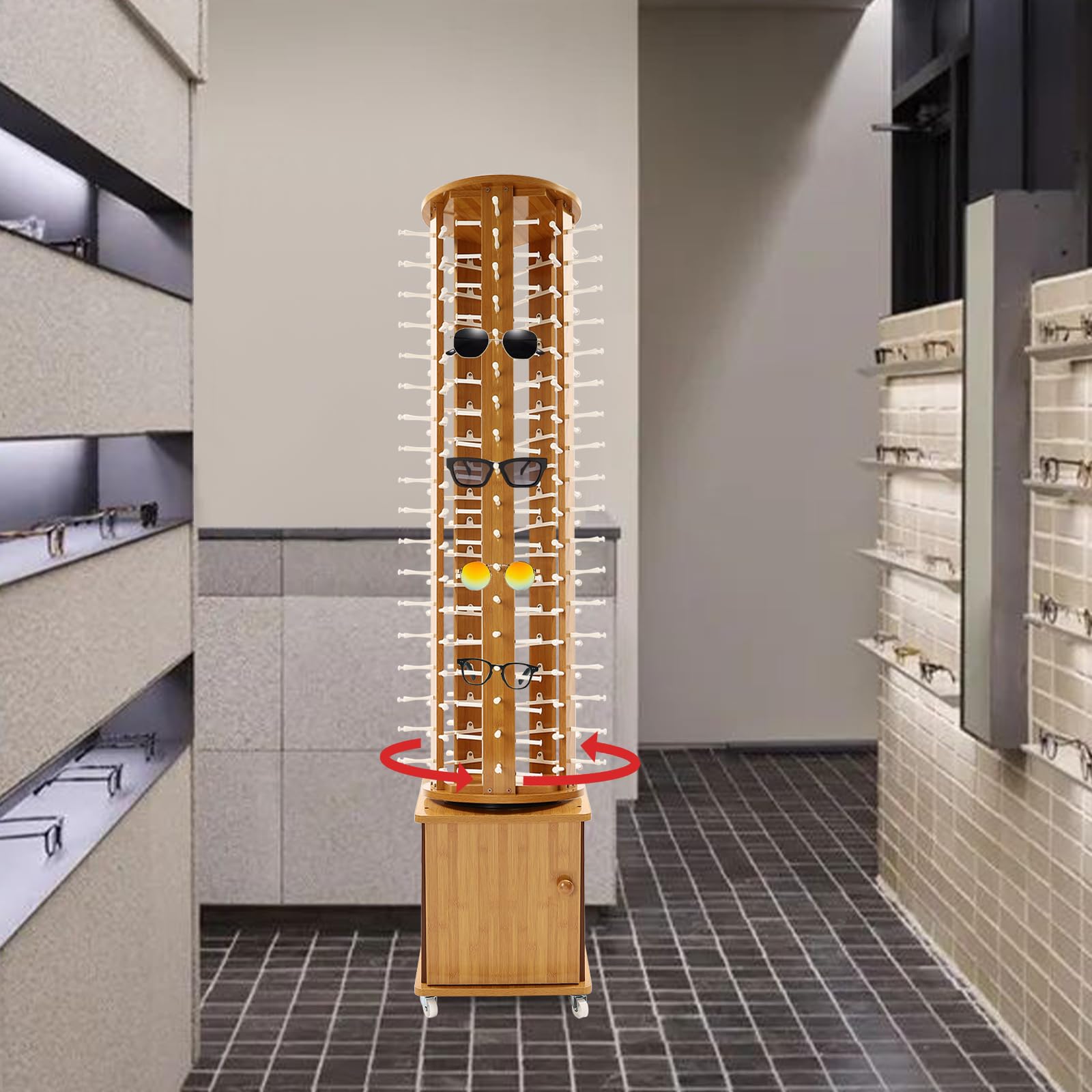 Tapischion 90 Pairs Rotating Glasses Display Stand, Modern Sunglasses Storage Organizer with Wheels And Storage Cabinet for Commercial Retail Stores Eyewear Stores, Style 2