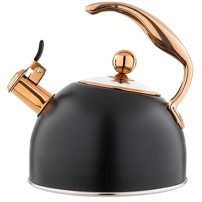 Viking 3-Ply Stainless Steel Tea Kettle, 2.6 Quart Stovetop Hot Water Pot with Tempered Glass Lid, Ergonomic Handle, Induction Ready, Matte Black and Copper