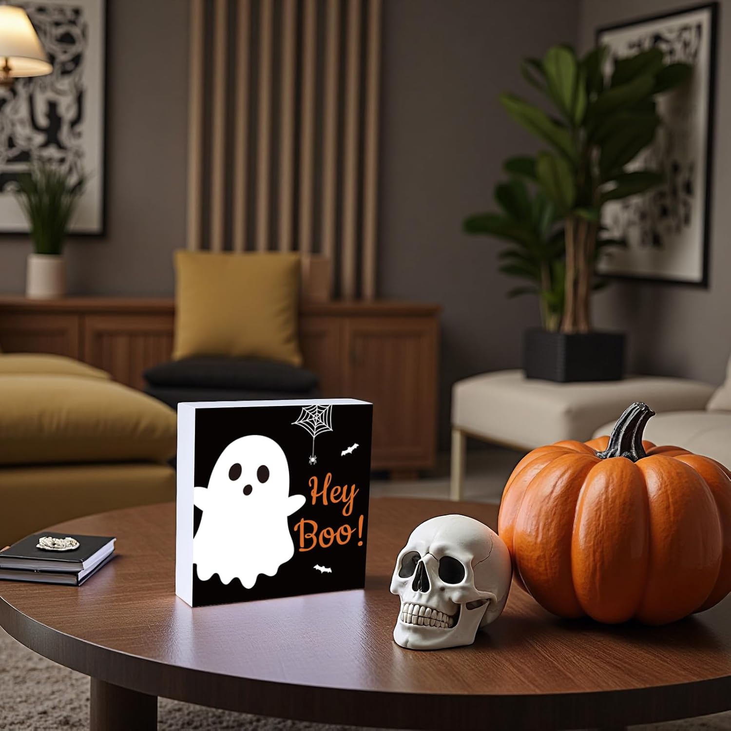 Halloween Decorations Indoor Home Room Cute Boo Ghost Table Decor Wood Box Sign Rustic Wooden Shelf Office Desk Season Sign House Warming Gifts 5.9 x 5.9 Inch