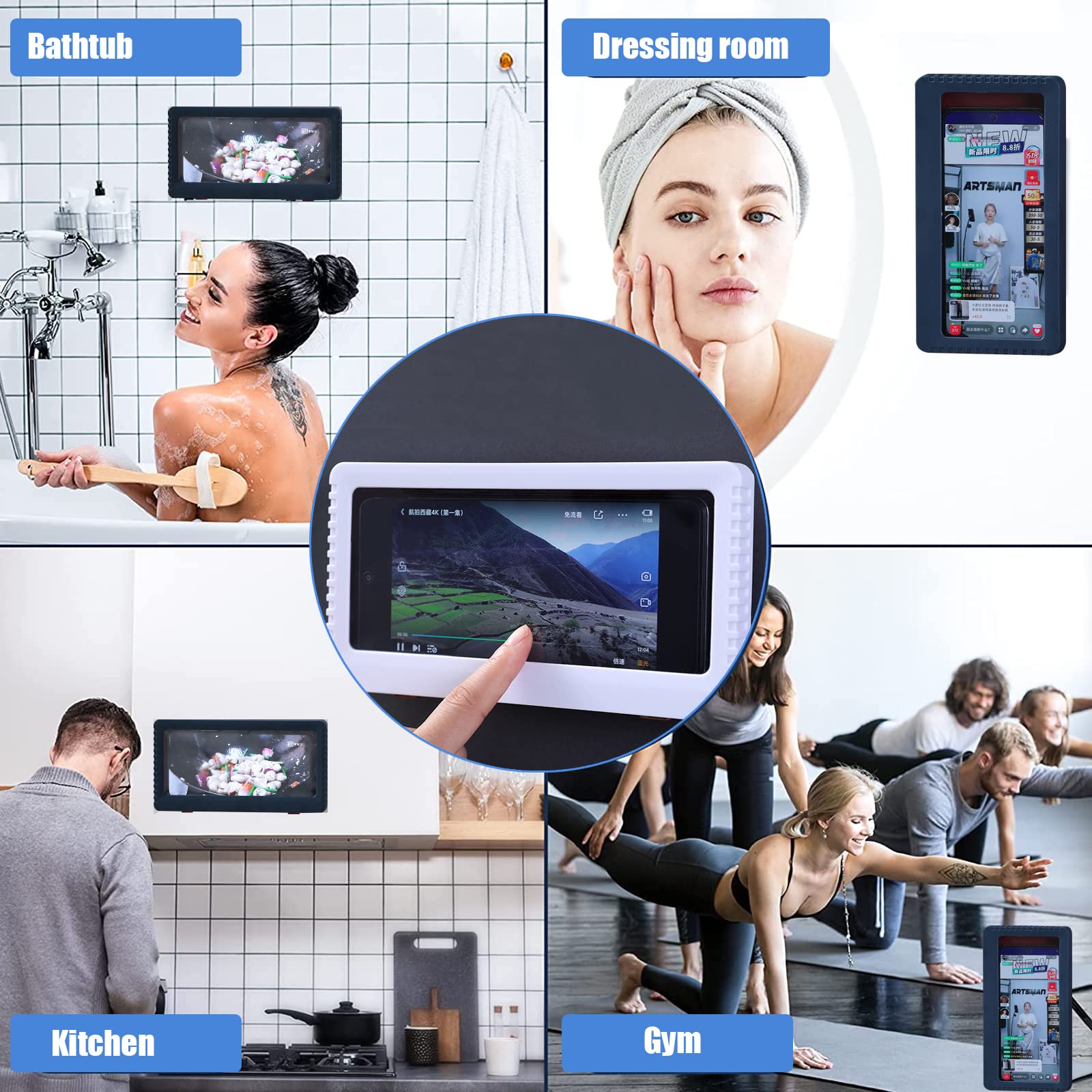 Uchwyt na telefon pod prysznic Obrót o 360 ° Wodoodporny do montażu na ścianie Etui na telefon pod prysznic HD Wysokiej czułości schowek na telefon komórkowy Uniwersalny do wanny Kuchnia Łazienka Lust (blue )