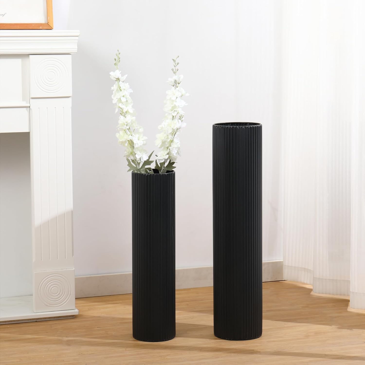 Tall Floor Vases Set of 2, Large Ribbed Floor Vases, Tall Flower Vase, Black Metal Vase for Living Room, Entryway, Office, Dining, Bedroom, Fireplace, Home Corner