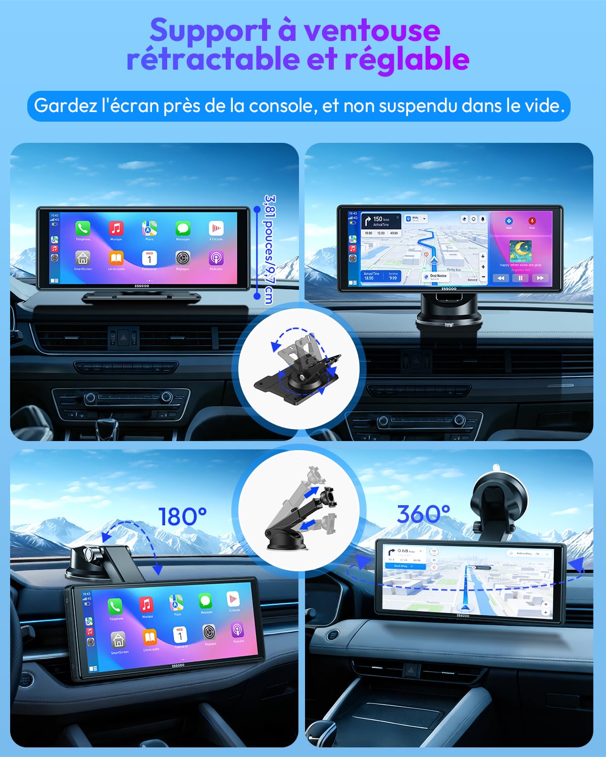 ESSGOO 10.26 Pouces Écran Voiture CarPlay sans Fil avec Caméra de Recul