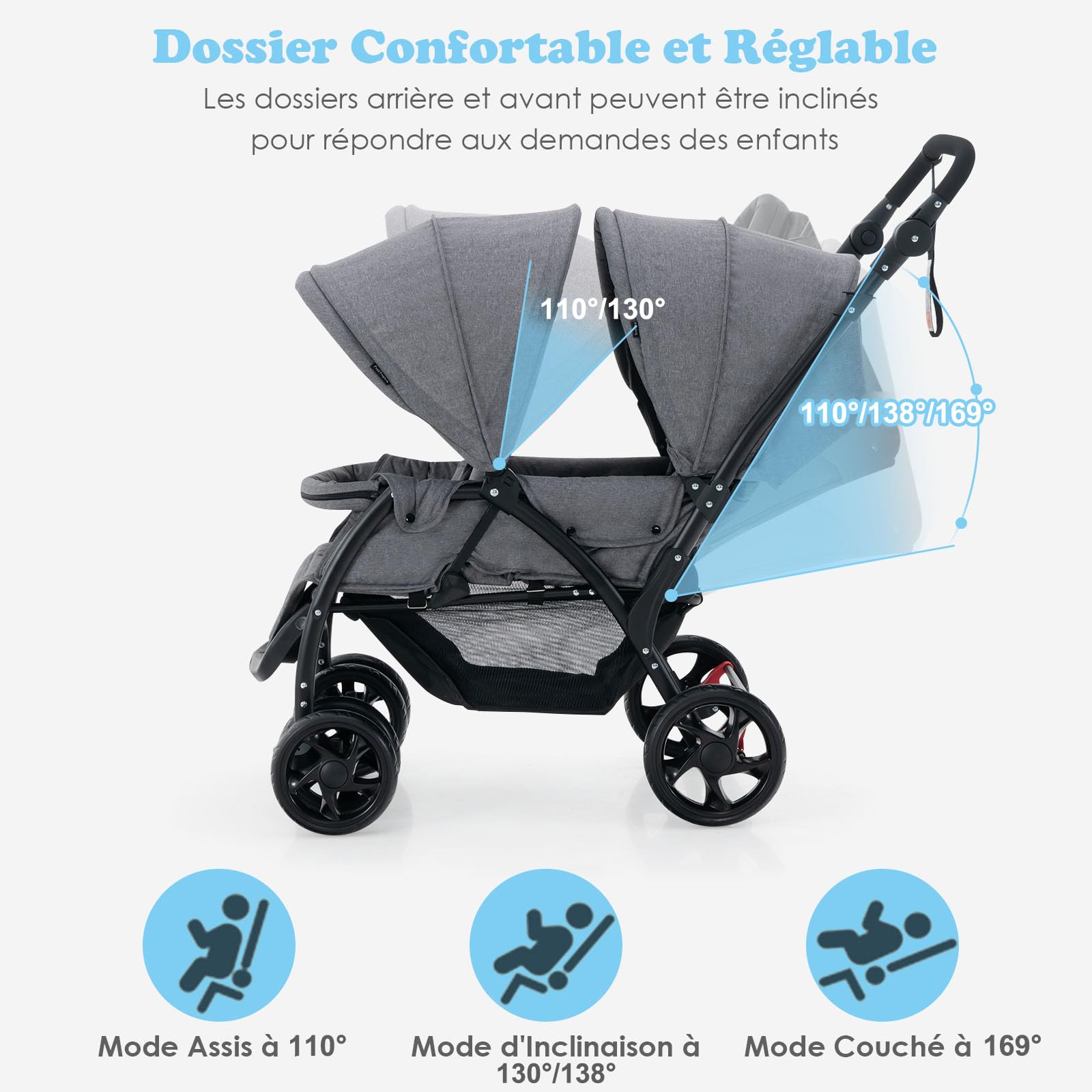 COSTWAY Poussette Tandem Double Pliable avec Auvent & Dossier Réglable, Poussette Landau Bébé avec Ceinture de Sécurité, Roues Verrouillables avec Freins, Pliable à une Main, Charge 30kg (Gris)