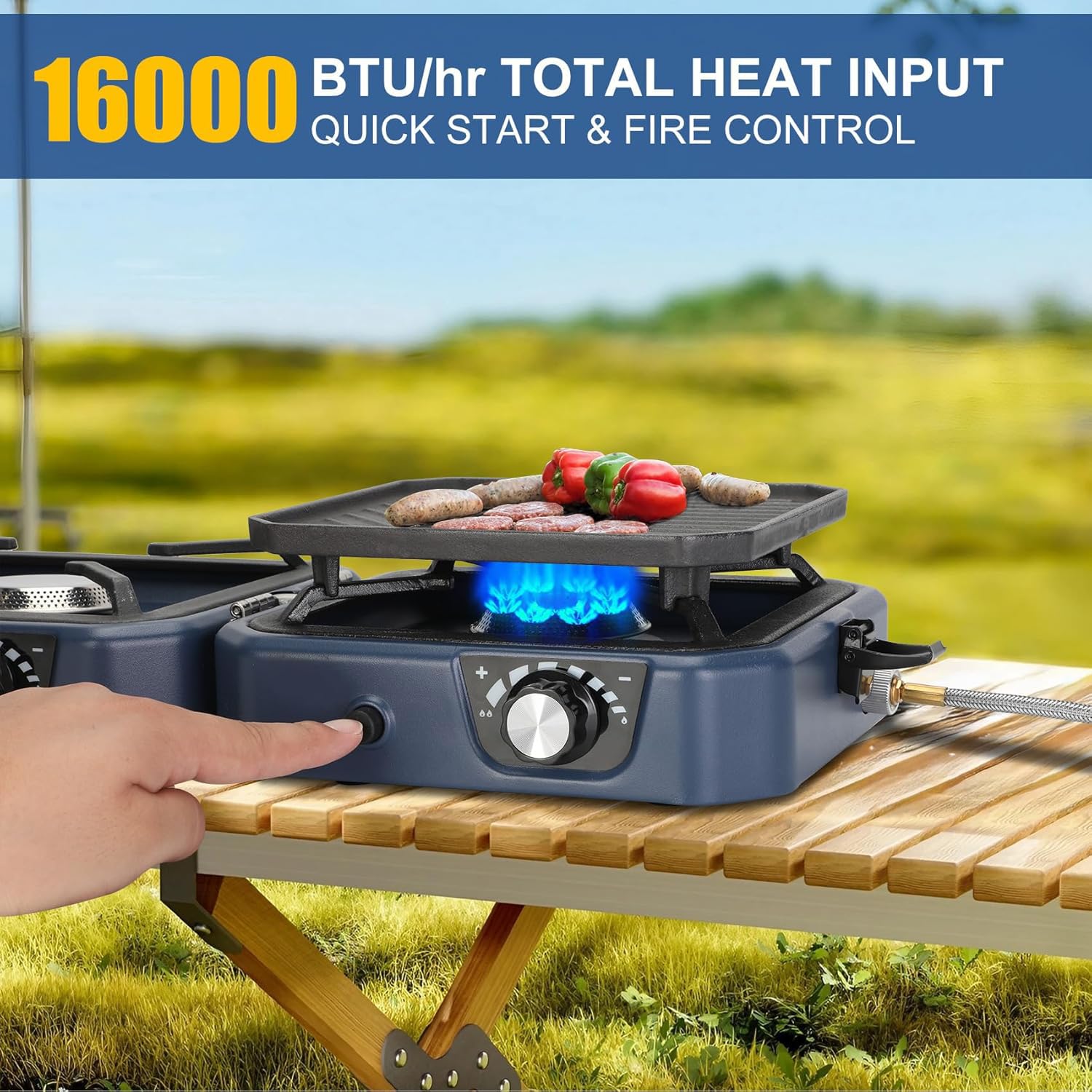 Estufa de camping de 2 quemadores portátil de gas, estufa de gas plegable con plancha, quemadores ajustables de 16000 BTU y encendido piezoeléctrico, estufa de gas para camping, estufa de cocina