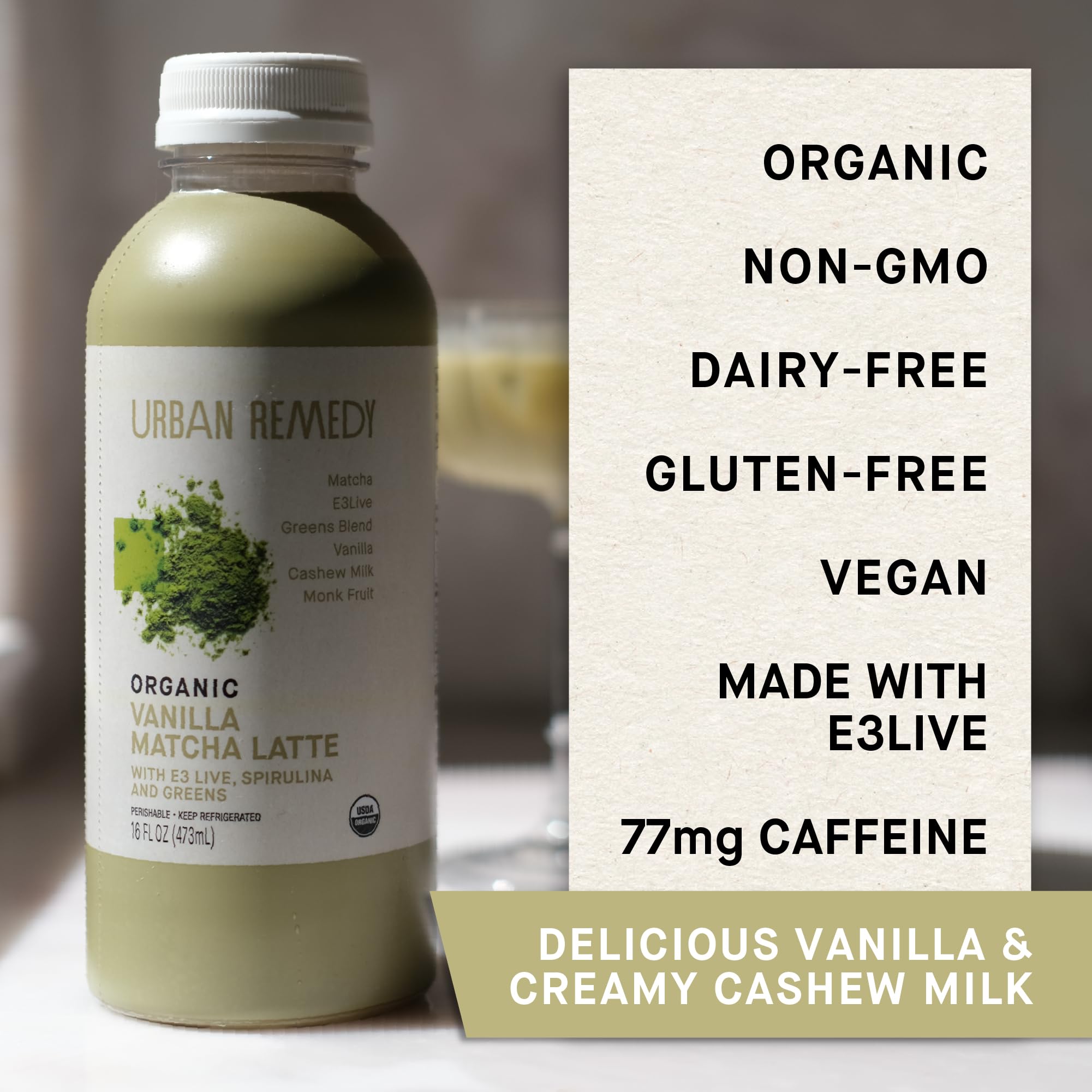 Urban Remedy Organic Vanilla Matcha Latte Plant-Based Cashew Milk Drink with Antioxidants Vegan Kosher Dairy-Free Gluten-Free Kosher Non-GMO — view 3