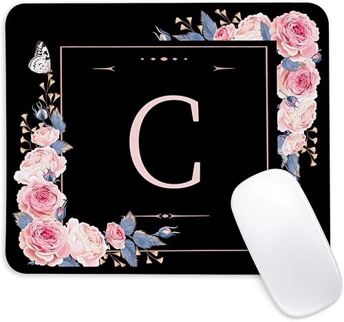Miniatura 10 de Alfombrilla de mouse cuadrada con letras F con diseño de flores negras y rosas, borde cosido y base de goma antideslizante, tapete para mouse,