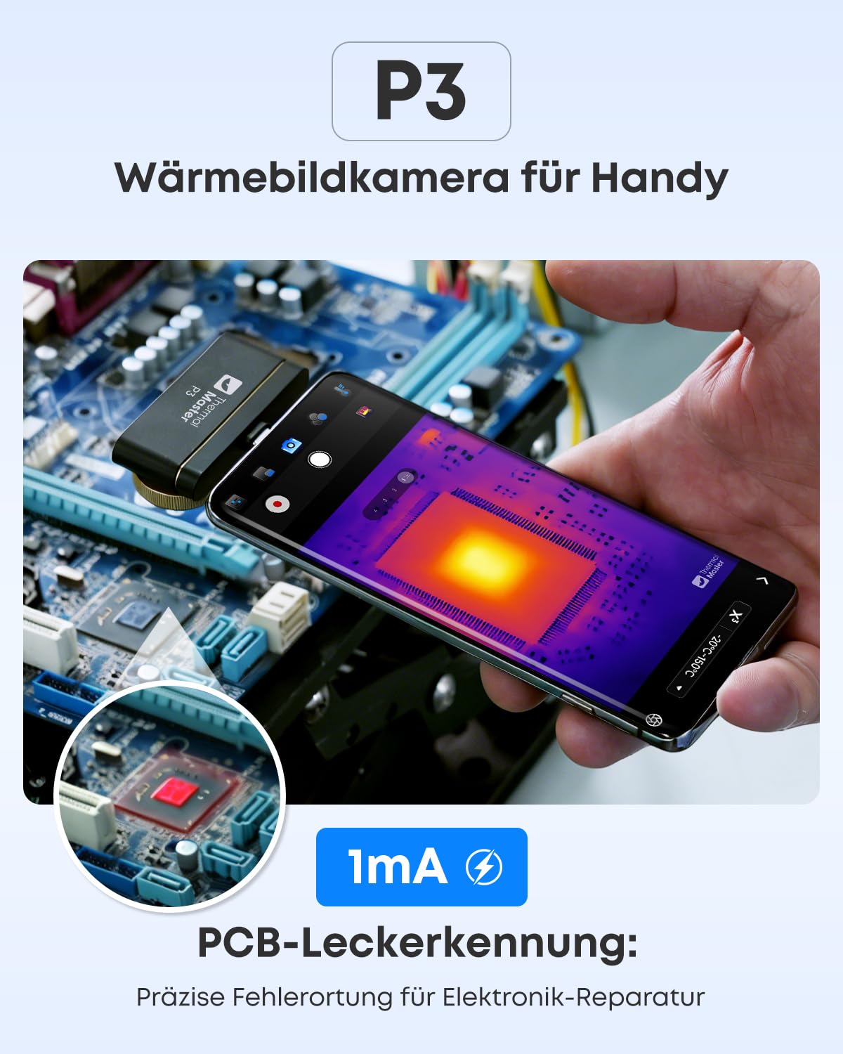 Thermal Master P3 Wärmebildkamera für iPhone & Android, Infrarotkamera mit 512x384 X³IR Auflösung, 8mm Makro-Objektiv, -20°C-600°C, 15x Digitalzoom für Elektronik HVAC PCB Inspektion