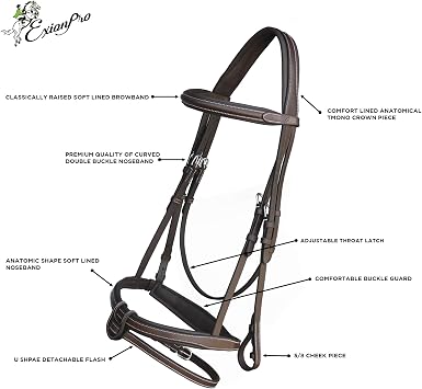 Exion Comfort Soft Lined Snaffle Hunter Jumping Bridle with Detachable Flash & Rubber Reins | Anatomical English Bridle for Horses (Choco Brown, Cob)