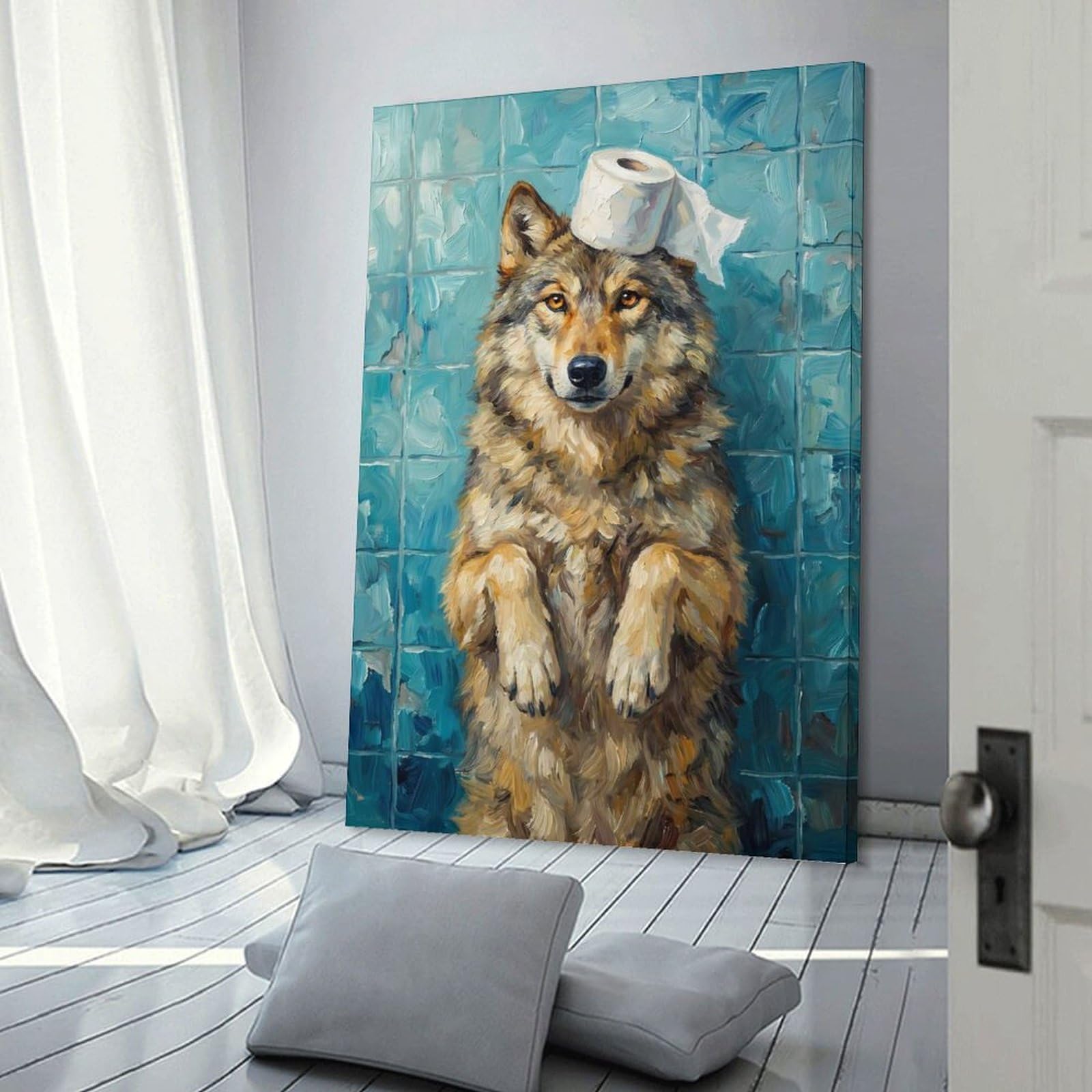 Junmoney Wolf with Toilet Paper Wall Picture Print, 24x36inch(60x90cm), for New Homes, Bedrooms Or Workspaces, Thoughtful Wall Decor for Art Lovers