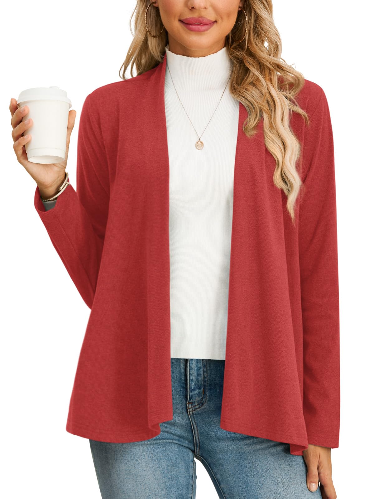 HWOKEFEIYU Women's Plus Size Cardigan - Lightweight, Long Sleeve, Open Front, Soft, Drape Dusty