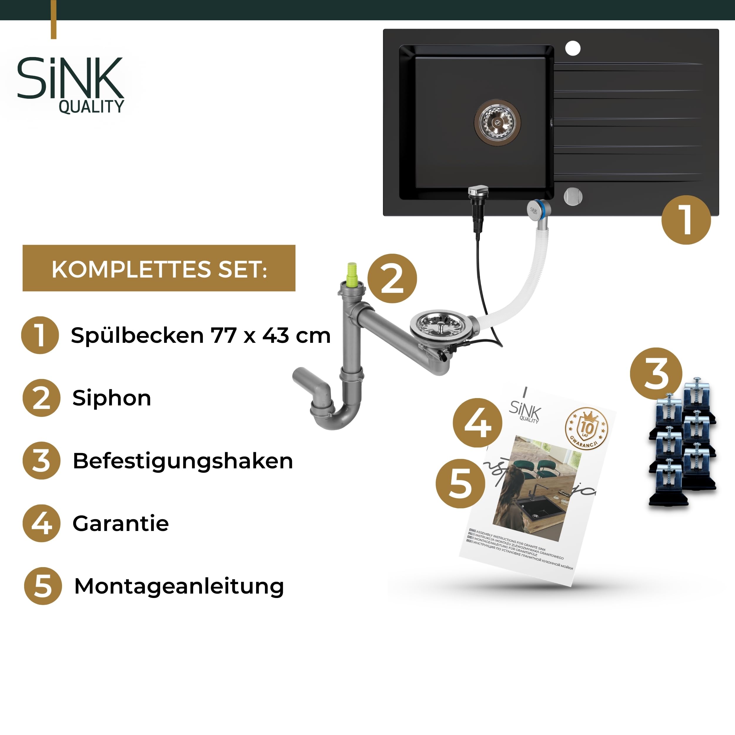 Granitspüle schwarz 77x43 cm Küchenspüle mit Abtropffläche Einbauspüle für 45er Unterschrank inkl. Exzenter-Siphon