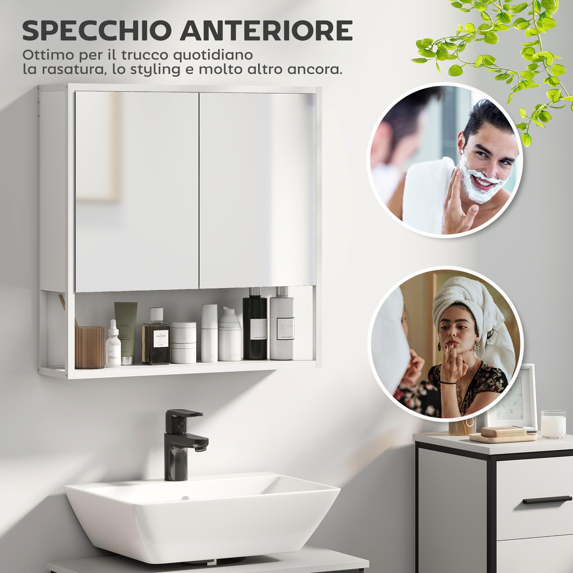 HOMCOM Specchio Bagno Contenitore a Parete con Soft Close, Mobile Bagno con Specchio, Mensola Regolabile e Ripiano Aperto, Specchiera Bagno in Legno e Acciaio, 60x16x60 cm, Bianco