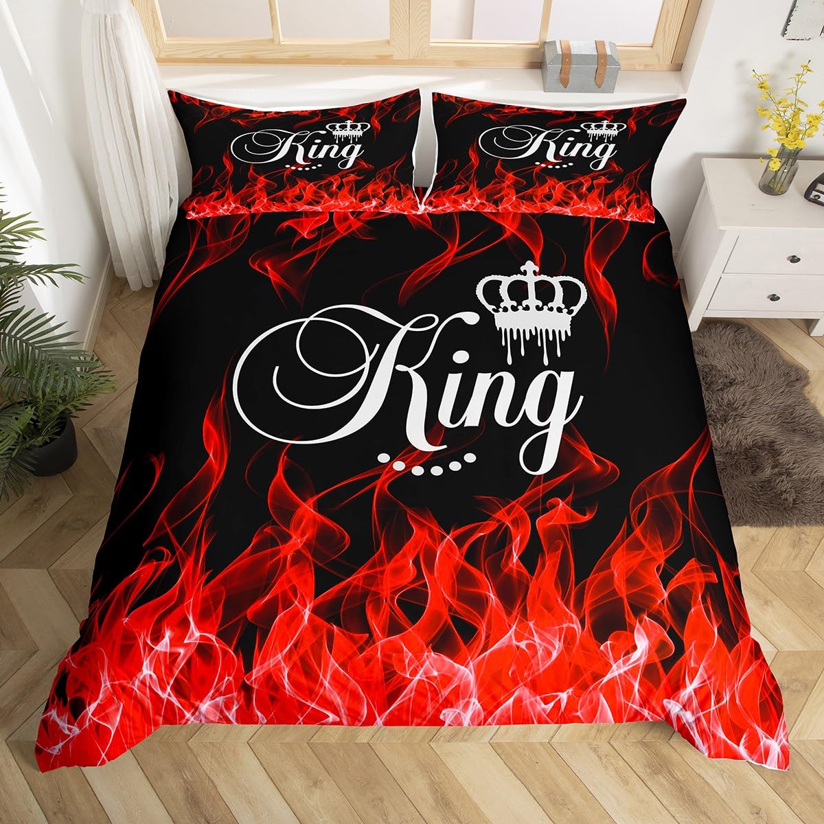 richhome Crown Duvet Cover Set Modern Chic Bedding Set King Size Comforter Cover for Couples 3Pcs Black Red Flame Quilt Cover Valentines Day Gifts Bedding Cover All Season