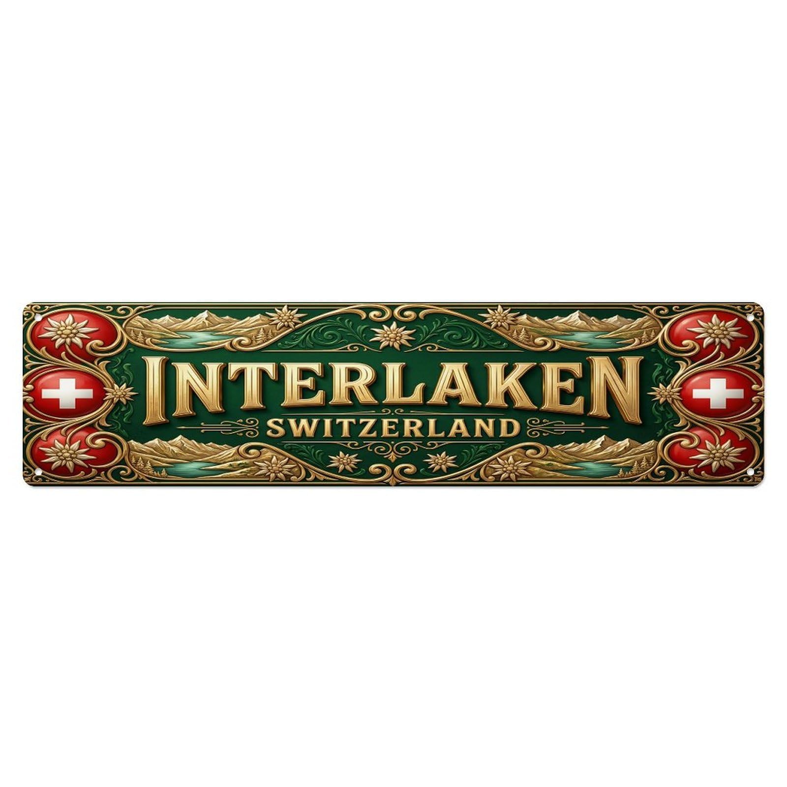 Vintage Interlaken Switzerland Flag Pattern Metal Tin Sign