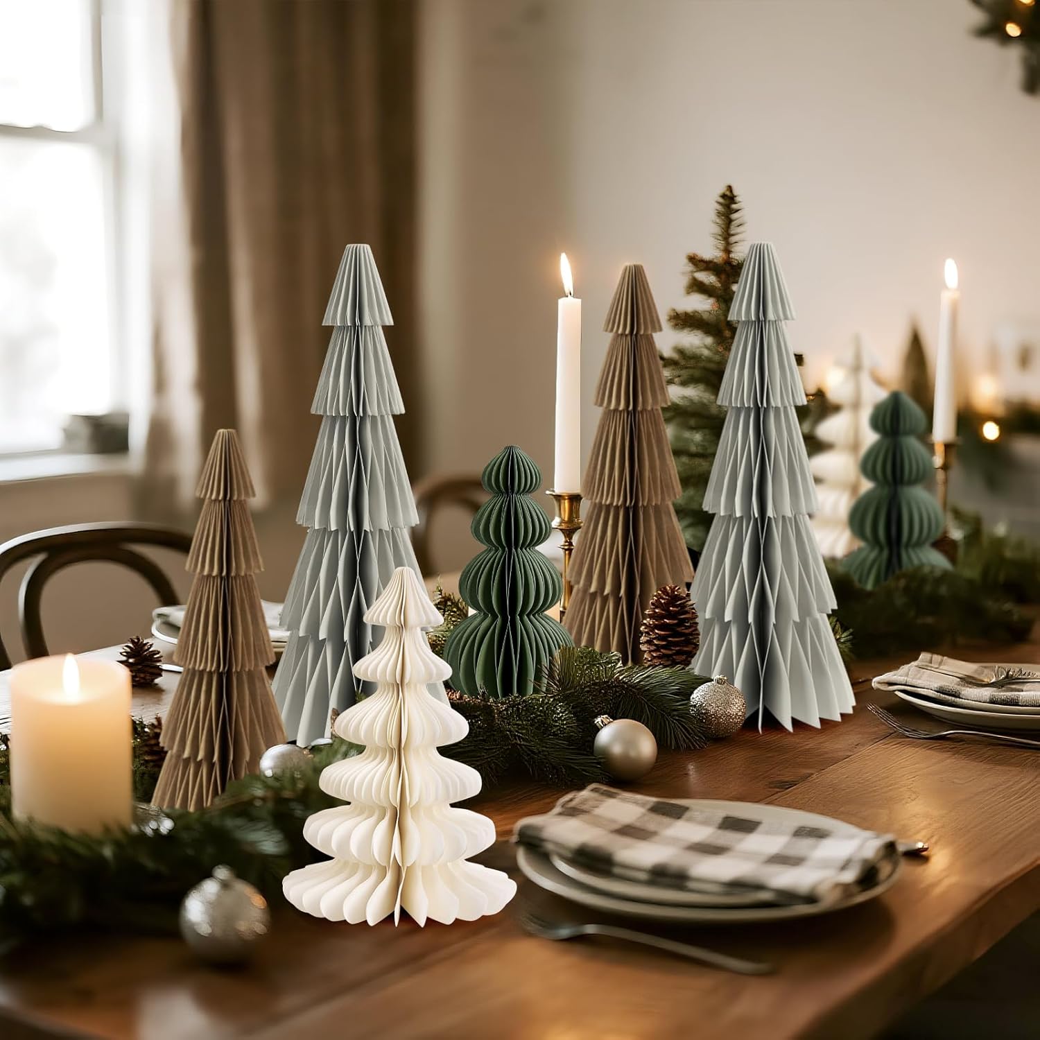 8PCS Paper Christmas Tree, Neutral Christmas Honeycomb Centerpieces, 3D Minimalist Paper Trees Table Decorations for Home Xmas Holiday Party Decor(Gray, Brown, White, Green)
