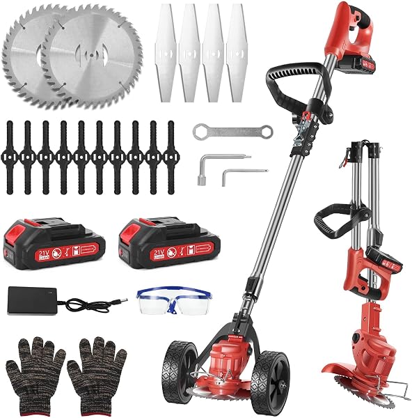 Débroussailleuse sans fil Ykall 21V, 2 batteries 2000 mAh, 3 types de lames, manche télescopique 70-155 cm, 2 kg