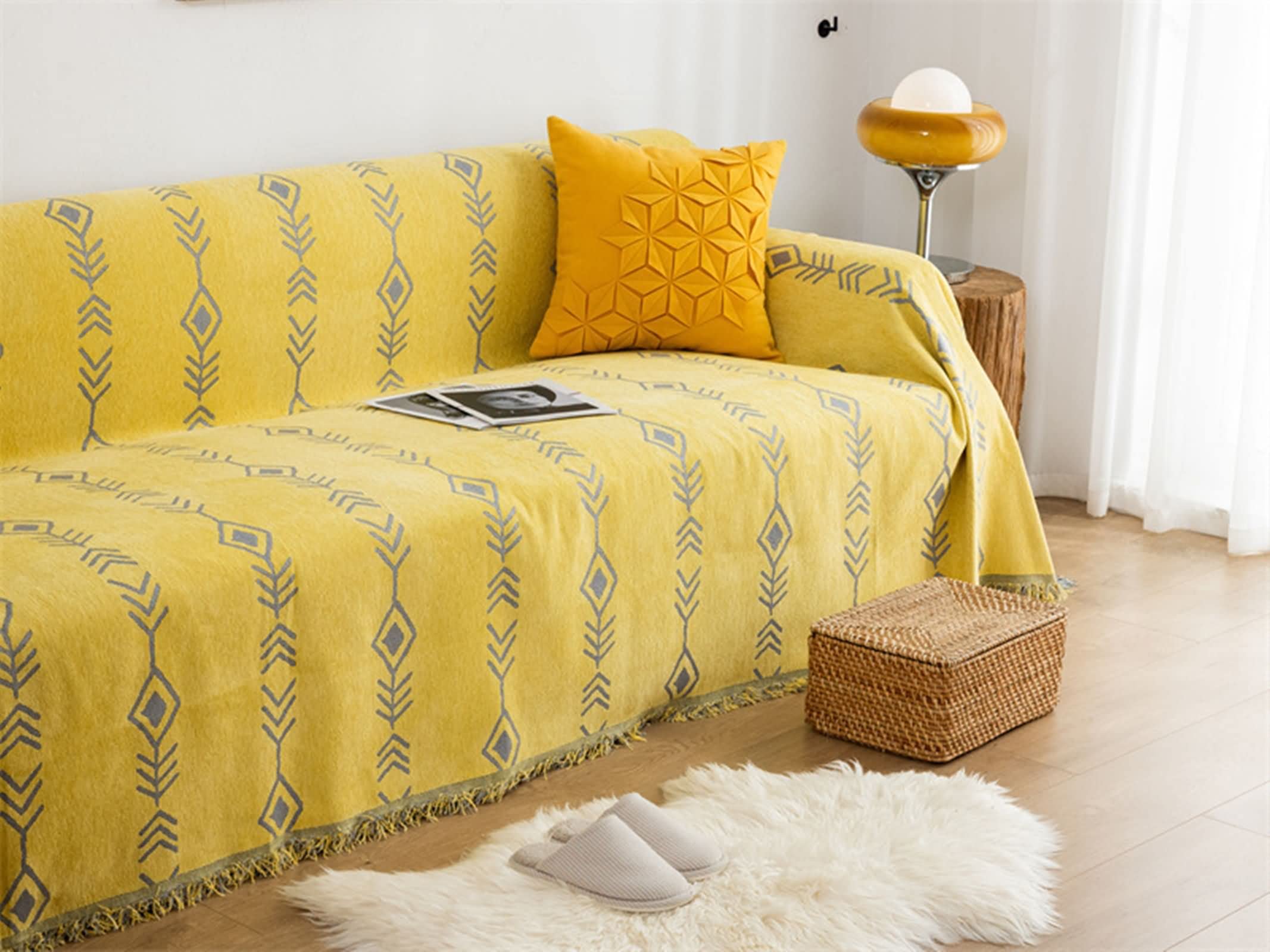 3 Sitzer Couch Überzug,Sofa Bezug mit Pfeil Sofabezug Chenille Handtuch Sofa Gelb Grau Sofaüberwurf Decke 180x260CM