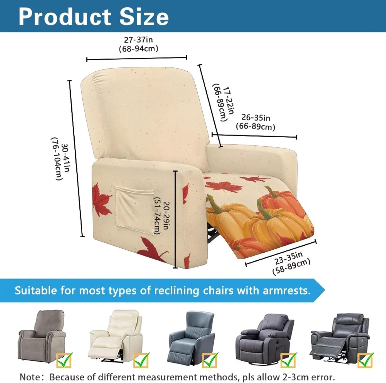 FOR U DESIGNS Pumpkin Beige Yellow Non Slip Recliner Slip Cover 4-Pieces with Storage Pockets Furniture Protector Washable Stay in Place for Living Room Recliners Sofa Chairs
